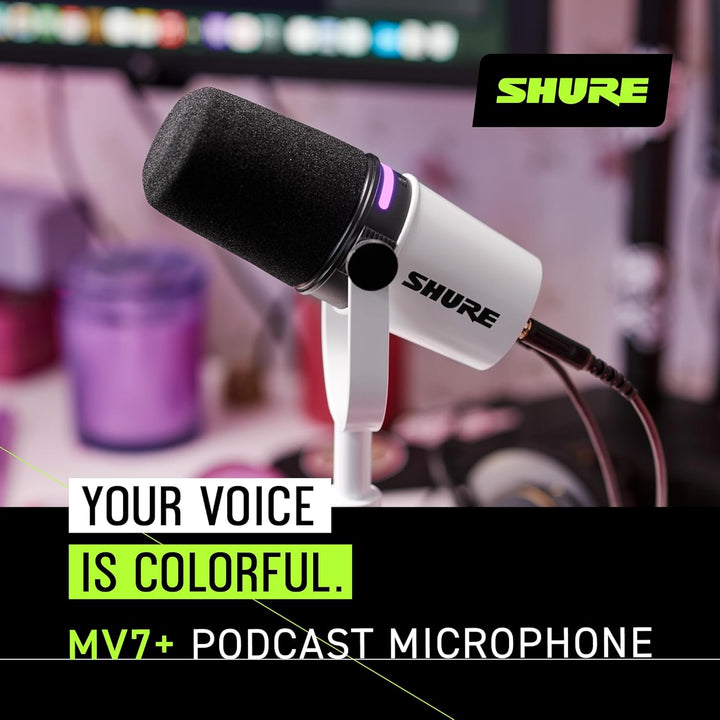 Shure MV7+ Podcast Mikrofon-Verbessertes Audio, LED-Touchpanel, USB-C- und XLR-Ausgänge, Auto-Level-
