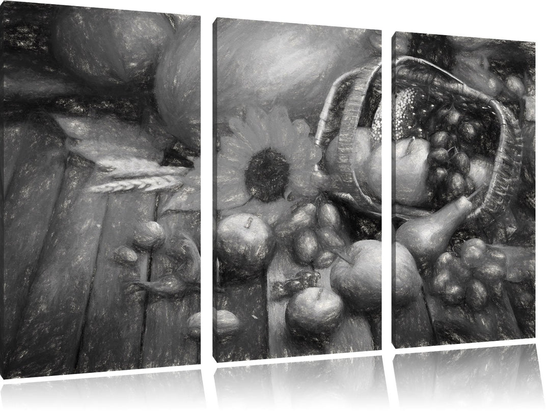 Pixxprint Herbstlicher Obstkorb Kohle Zeichnung Effekt 3-Teiler Leinwandbild 120x80 Bild auf Leinwan