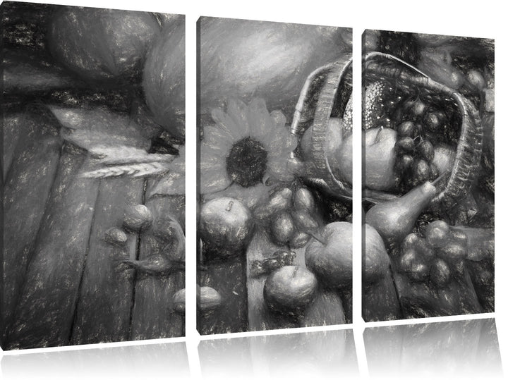 Pixxprint Herbstlicher Obstkorb Kohle Zeichnung Effekt 3-Teiler Leinwandbild 120x80 Bild auf Leinwan