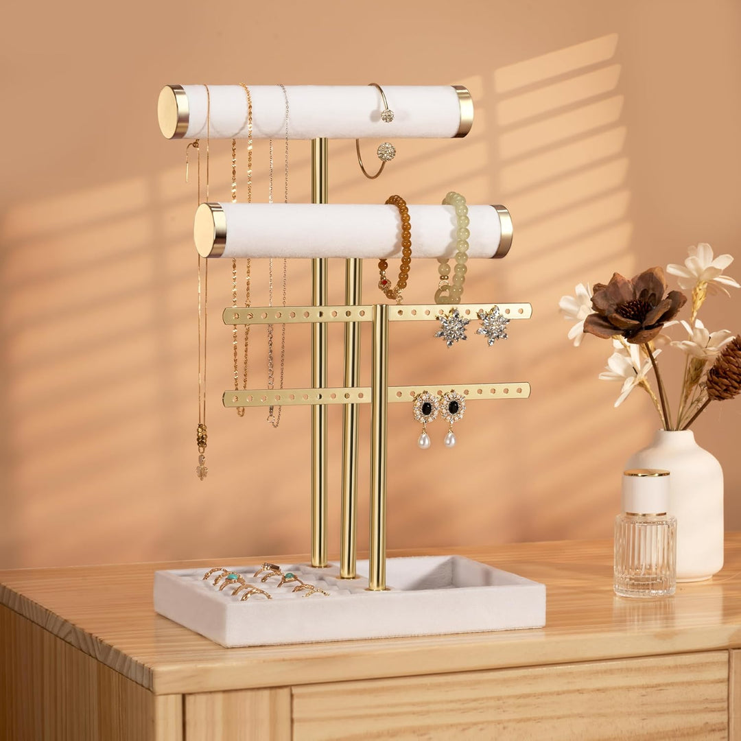 Schmuck Organizer mit 3 Ebenen - Weiss Schmuckständer Armbänder, Abnehmbarer T-Steg Schmuck Ständer,