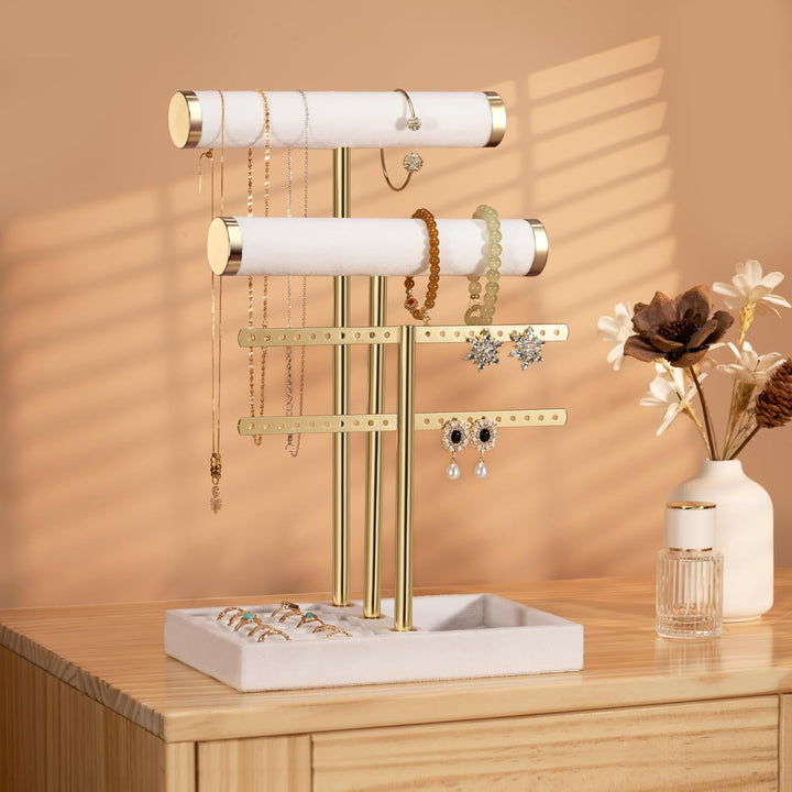 Schmuck Organizer mit 3 Ebenen - Weiss Schmuckständer Armbänder, Abnehmbarer T-Steg Schmuck Ständer,