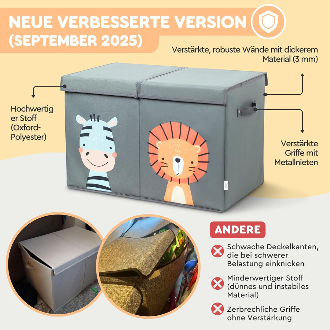 Faltbare Spielzeugkiste Grau mit Deckel und 78 Liter Inhalt. Verbesserte Version. Aufbewahrungsbox K