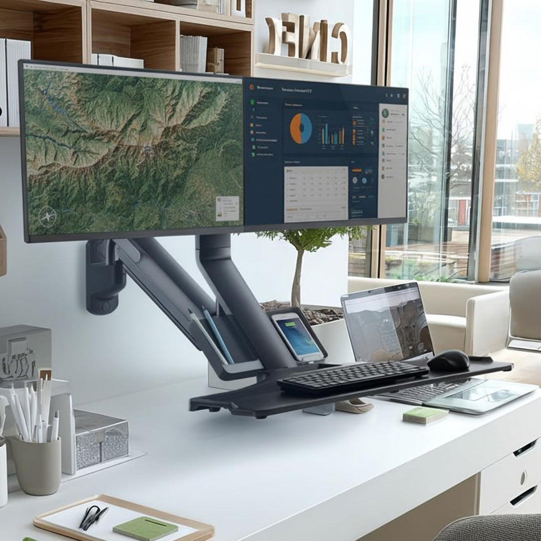 Maclean MC-633 3 in 1 Sitz-Steh-Arbeitsplatz: 2-Fach Monitorhalterung Wandhalterung mit Tastatur-Abl