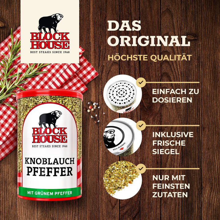 Block House Knoblauchpfeffer mit weissem Pfeffer 3x 200g - Gewürzmischung in Restaurantqualität