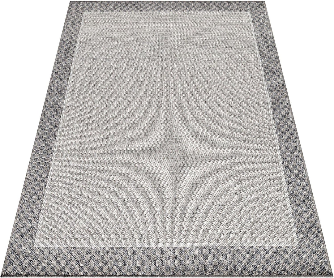 In- & Outdoor Läufer Teppich Robuster, Ethno Look Bordüre Muster, Rechteckig, Grau und Creme Farbe,