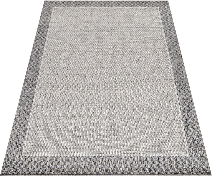 In- & Outdoor Läufer Teppich Robuster, Ethno Look Bordüre Muster, Rechteckig, Grau und Creme Farbe,