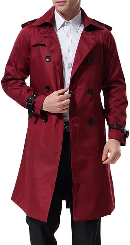 AOWOFS Herren Zweireihiger Trenchcoat mit Gürtel Revers Lang Mantel Business Jacke Frühling Übergang