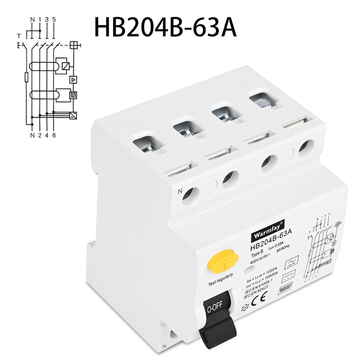 Warmfay FI Fehlerstromschutzschalter RCD Typ B 63A 30mA Allstromsensitiv 4-polig, 63A 30mA