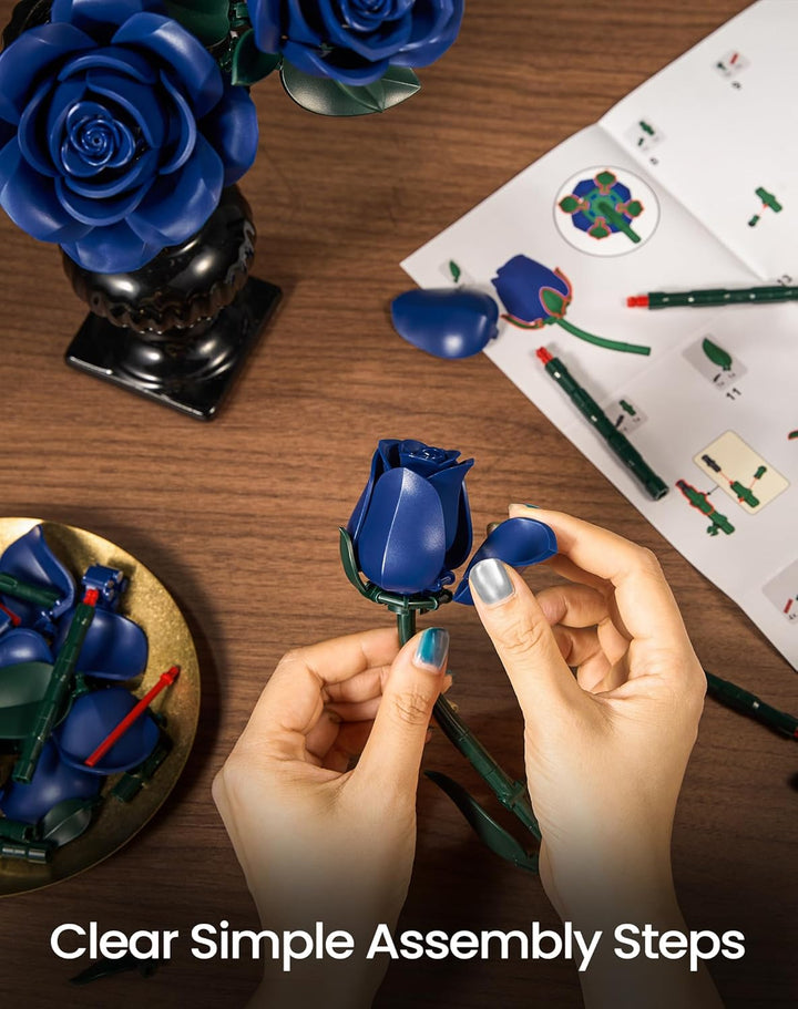 Millionspring Blaue Rosenstrauss-Bausatz mit 3 blauen künstlichen Rosen – Geschenkidee für Sie und I