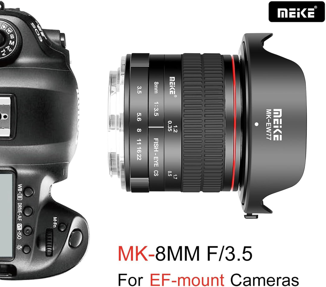 Meike 8mm f3.5 Ultra Weitwinkel Fisheye Objektiv für Canon EOS EF Mount DSLR Kameras EOS 70D 77D 80D