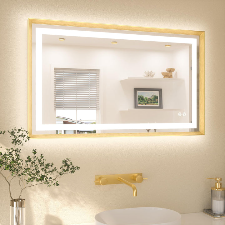 TETOTE Badspiegel mit Beleuchtung Gold Metallrahmen 100x60cm, Badezimmerspiegel Beleuchtet Beschlagf