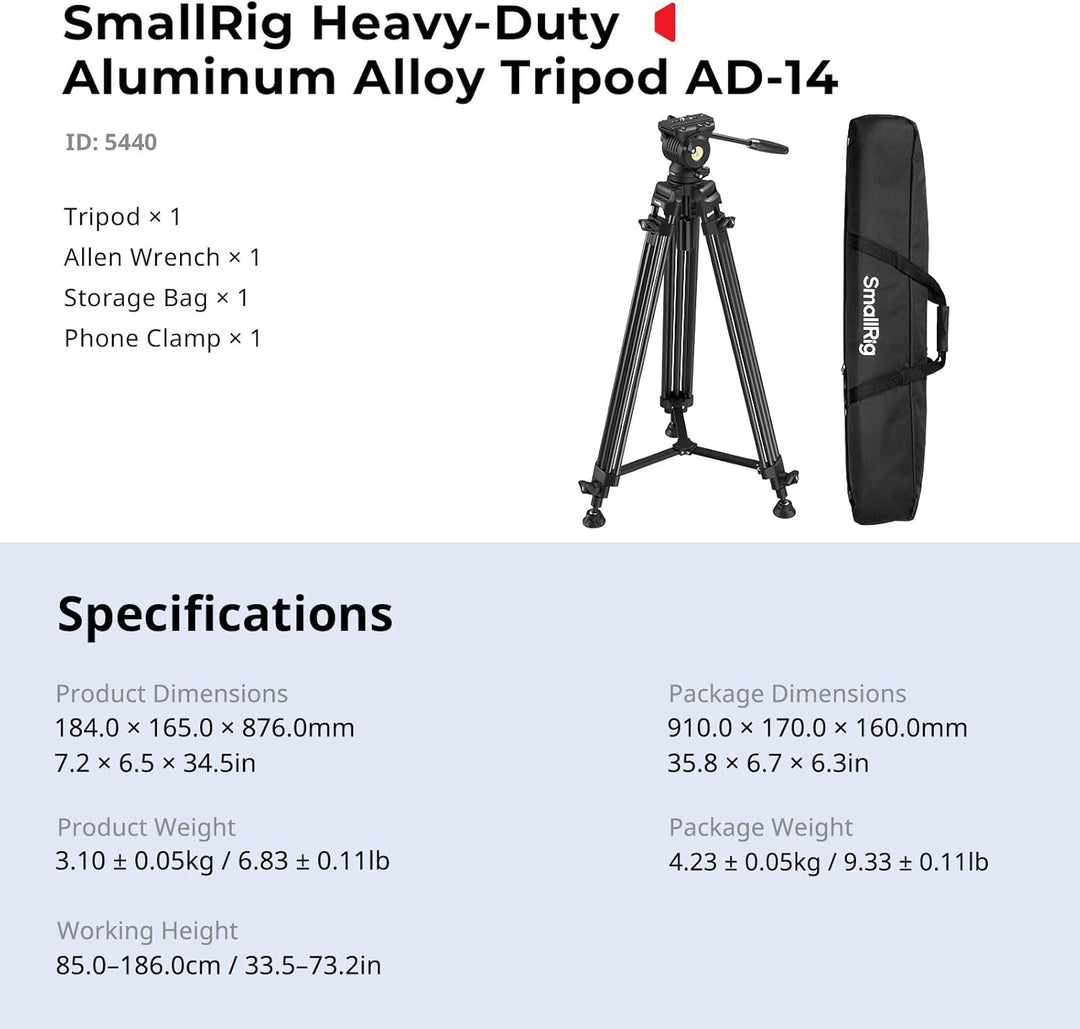 SMALLRIG 73''/186cm Heavy-Duty Videostativ aus Aluminiumlegierung, Max. Tragkraft 8kg (18 lbs), Gewi