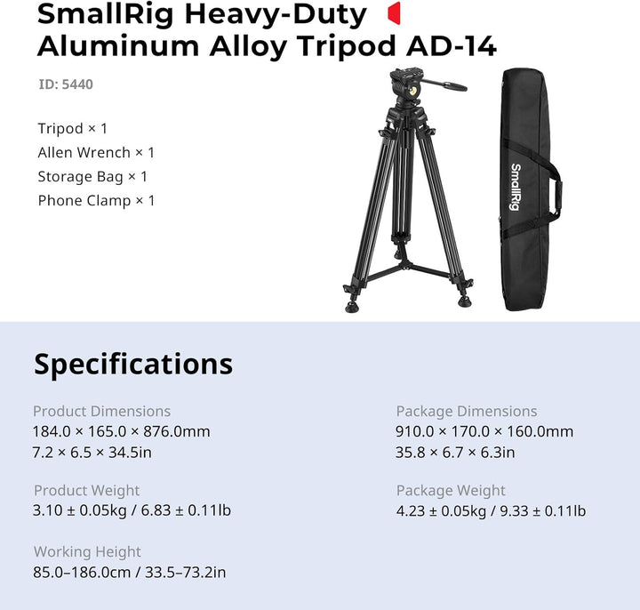 SMALLRIG 73''/186cm Heavy-Duty Videostativ aus Aluminiumlegierung, Max. Tragkraft 8kg (18 lbs), Gewi