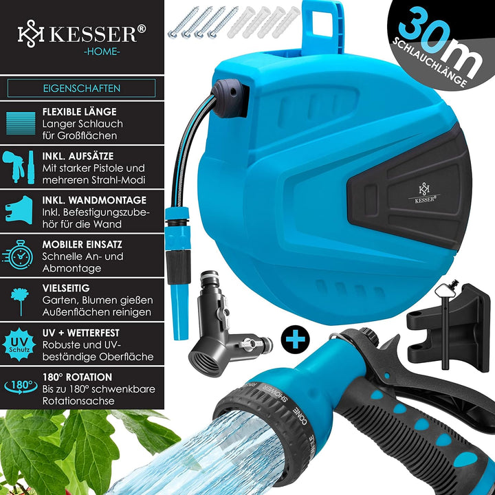 KESSER® Schlauchtrommel Wasser 30+2m Schlauchaufroller Inkl. 2-Wege-Verteiler + Multi-Handbrause Was