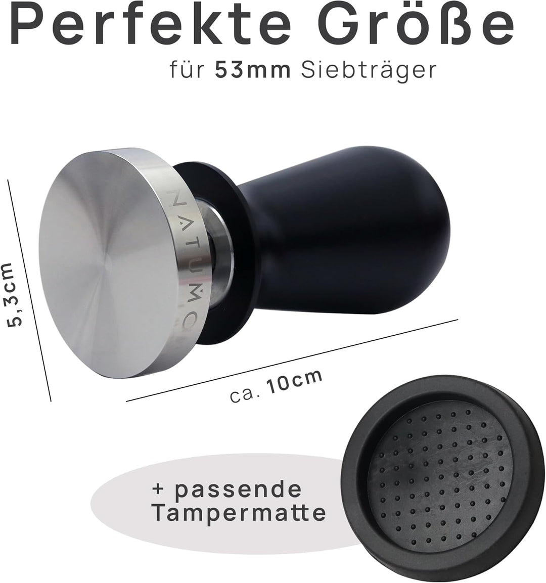 NATUMO Espresso Tamper 53mm, druckregulierend (15kg / 35lbs), Siebträger Zubehör, Kaffe Tamper Set m
