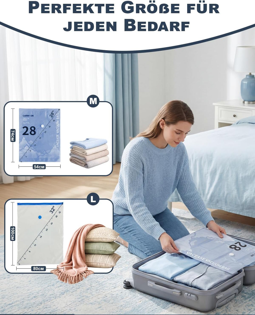 Vakuumbeutel für Kleidung mit Elektrischer Pumpe, 8er-Set Vakuumbeutel (4 * 100x80cm, 4 * 74x54cm),