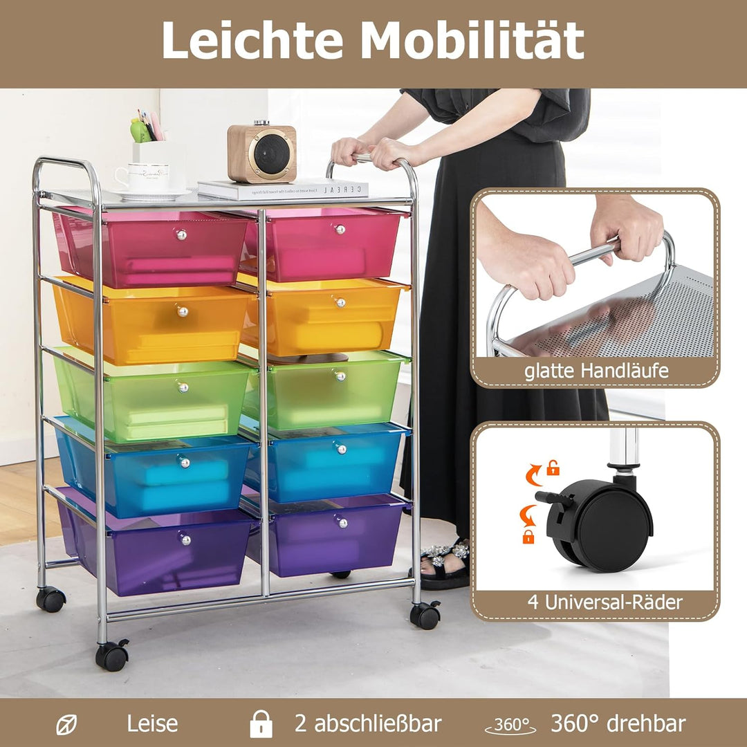 GOPLUS Rollwagen mit 10 Schubladen stapelbar, Rollcontainer mit Ablage & Metallgestell, Badregal, Au