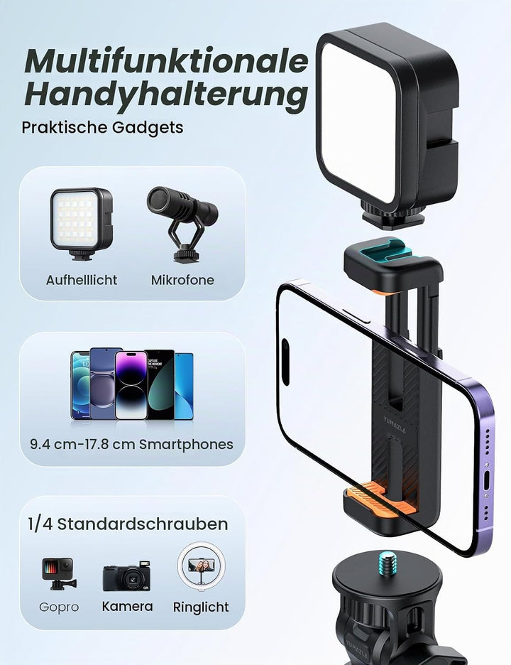 Handy-Stativ &amp; Selfie Stick 180cm, YUMAZLA Verstärkte Stativ für Smartphone, Handystativhalter mit F