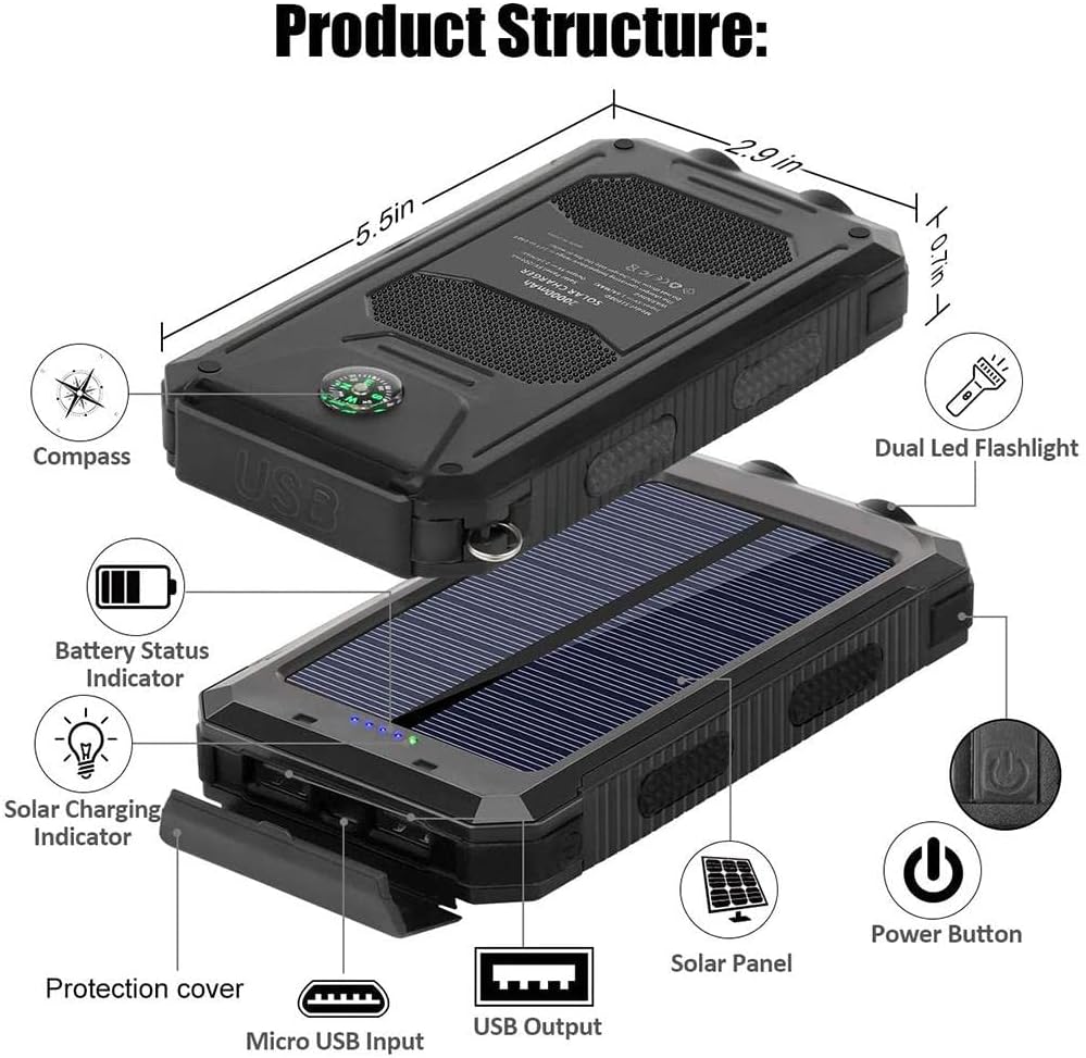 Solar-Powerbank 20.000 MAh, Solar-Ladegerät mit Zwei USB-Anschlüssen, Handy-Zubehör, Tragbares Ring-