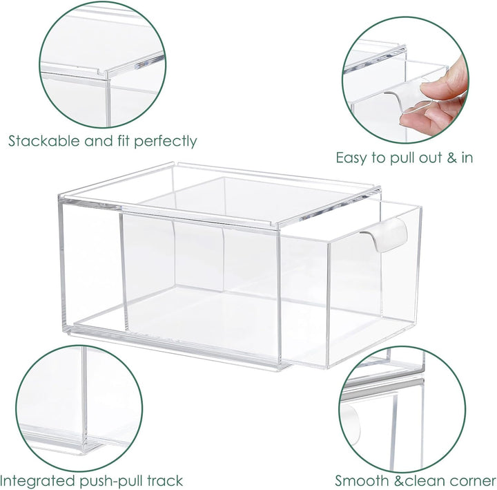 3Pack Stapelbare Aufbewahrungsschubladen mit 3 Qtip Halter,Transparente Acrylic Drawer Organiser mit