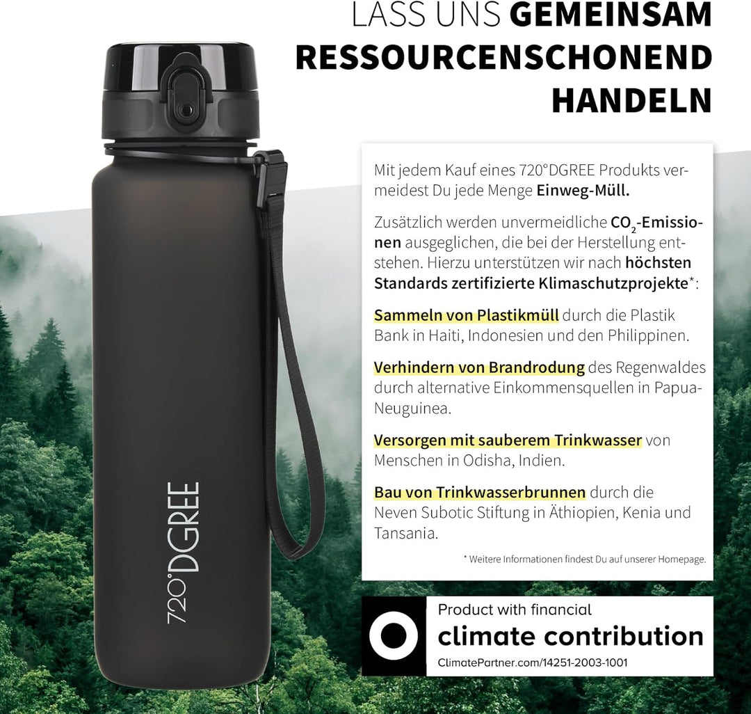 720°DGREE Trinkflasche 1l “uberBottle“ abnehmbare Schlaufe +Motivationsskala, Sieb - Auslaufsicher,