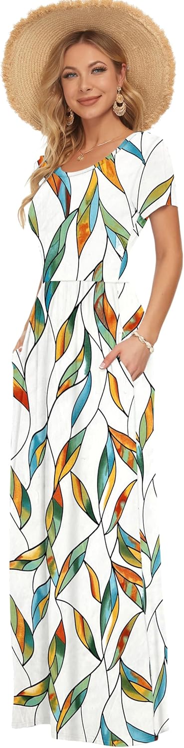 AUSELILY Damen Kurzarm Sommer Casual Long Maxi Kleider mit Taschen Buntes Verlaufslaub XS, Buntes Ve