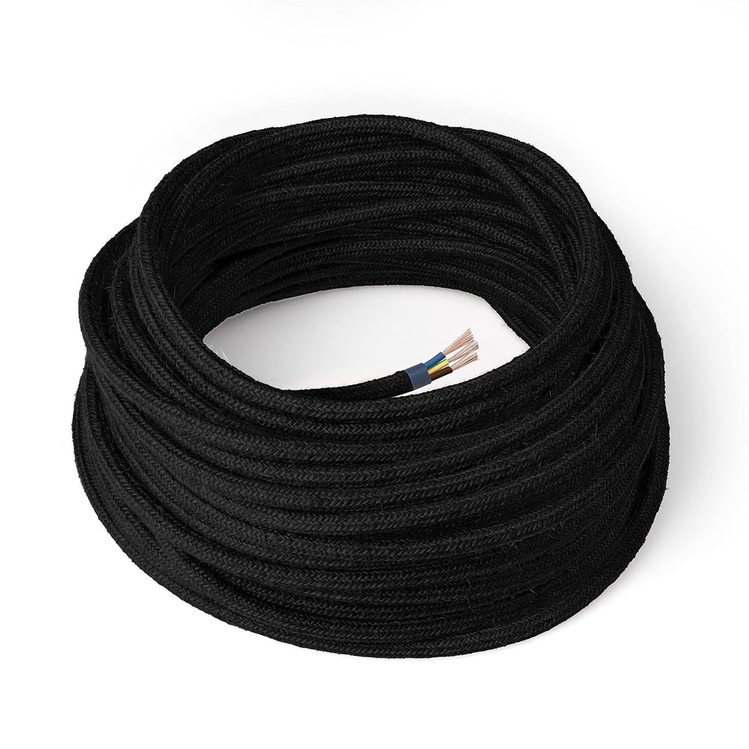 Amarcords - Textilkabel für Lampen SCHWARZ, rund, Jute, 10 Meter, mit Erdung 3x0,75 - Stoffkabel mit