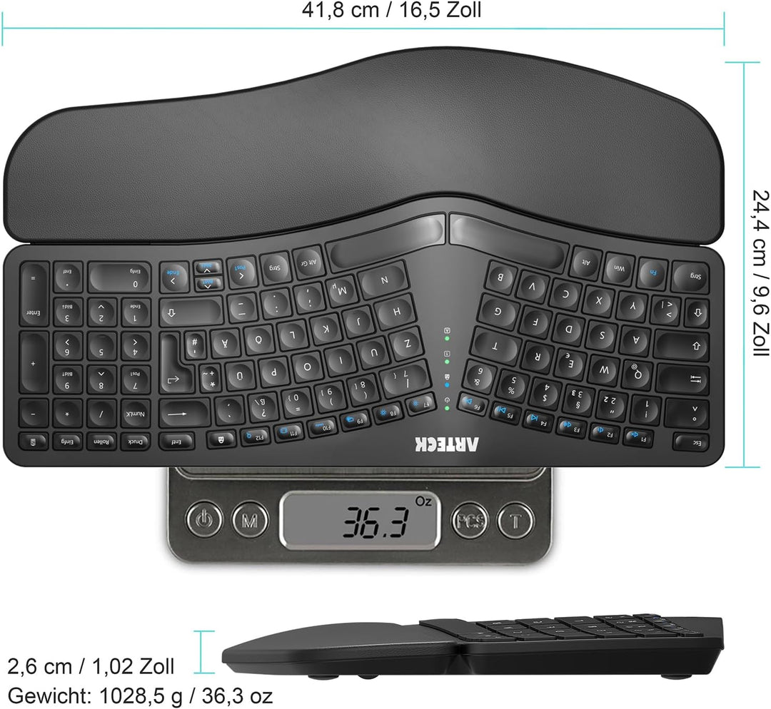 Arteck ergonomisches Split Tastatur mit gepolsterter Handgelenkauflage, 2.4G USB Kabellose Komfortab