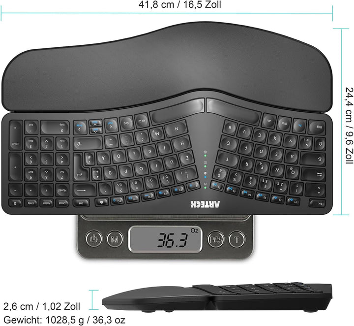 Arteck ergonomisches Split Tastatur mit gepolsterter Handgelenkauflage, 2.4G USB Kabellose Komfortab