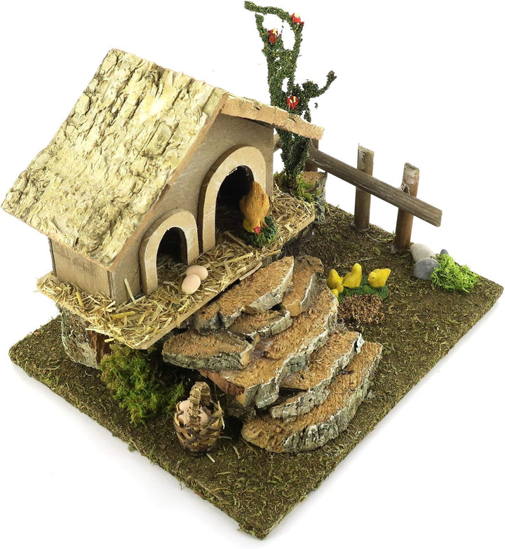 Bertoni Miniatur Hühnerstall mit Hühner und Treppe, Holz, Mehrfarbig, 19 x 15 x 14 cm