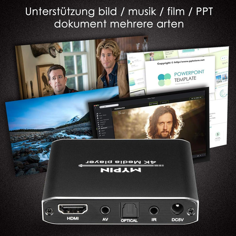 MYPIN HDMI Multimedia Player, 4K@30Hz Digital Media Player HDMI/AV-Ausgang PPT MKV AVI RMVB RM für H