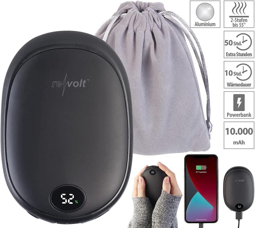 revolt Handy Akku: 2er-Set USB-Powerbank & 2-Stufen-Handwärmer, 2 A, 10.000 mAh, Display (Handtasche