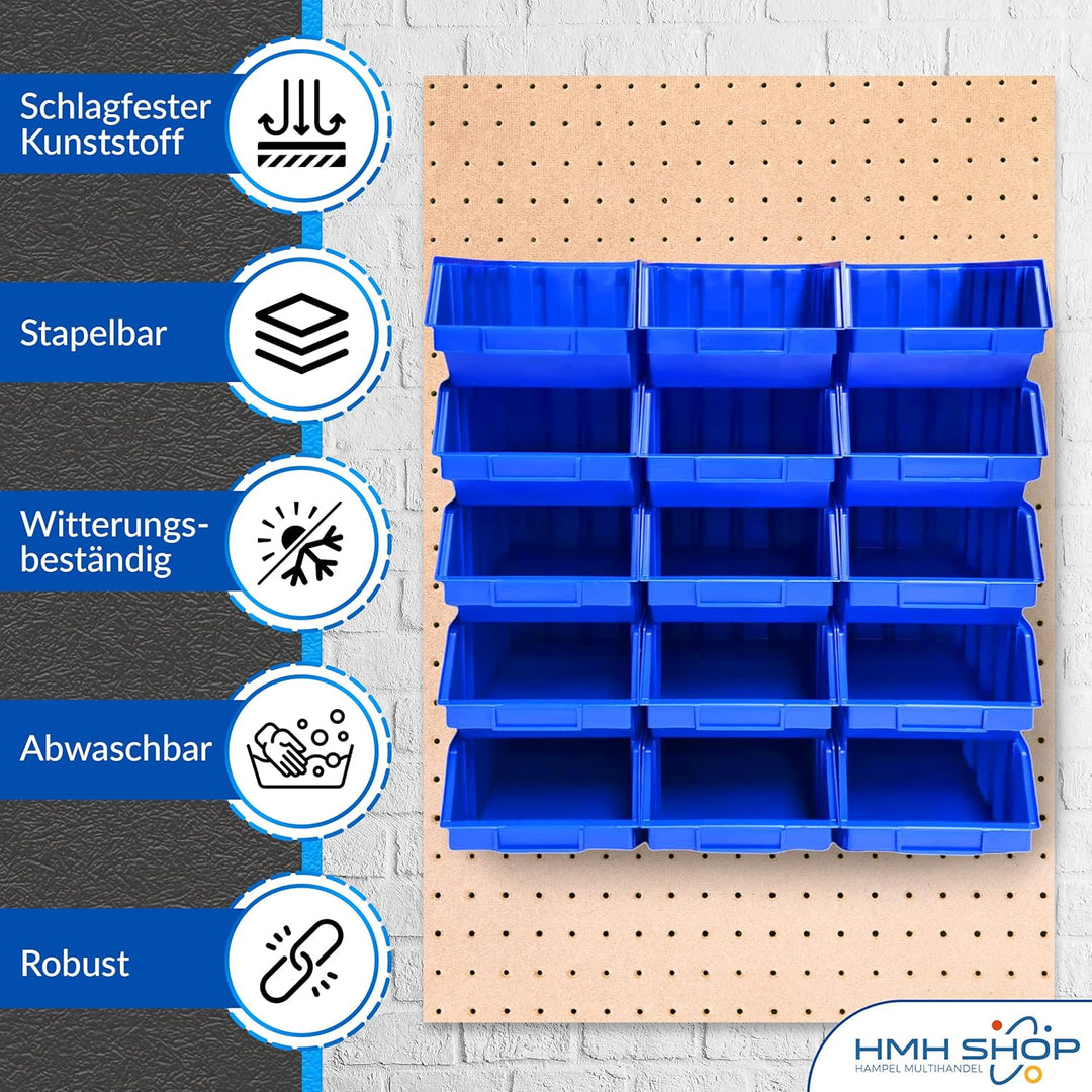 HSM 15 Stapelboxen Gr. 4 Stapelkästen Stapelkisten Sichtlagerkästen 340x222x157 mm (Blau, Polypropyl
