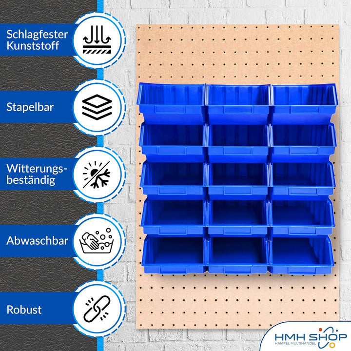 HSM 15 Stapelboxen Gr. 4 Stapelkästen Stapelkisten Sichtlagerkästen 340x222x157 mm (Blau, Polypropyl
