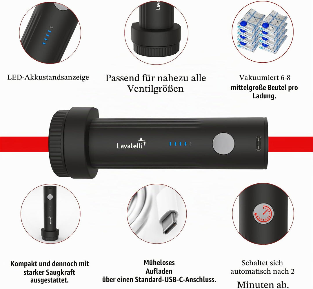 Lavatelli Ultimate Travel Set mit kabelloser USB-C Pumpe &amp; 12 Vakuumbeuteln (6x 40x45 + 6x 40x60 cm)
