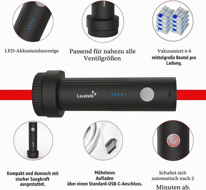 Lavatelli Ultimate Travel Set mit kabelloser USB-C Pumpe &amp; 12 Vakuumbeuteln (6x 40x45 + 6x 40x60 cm)