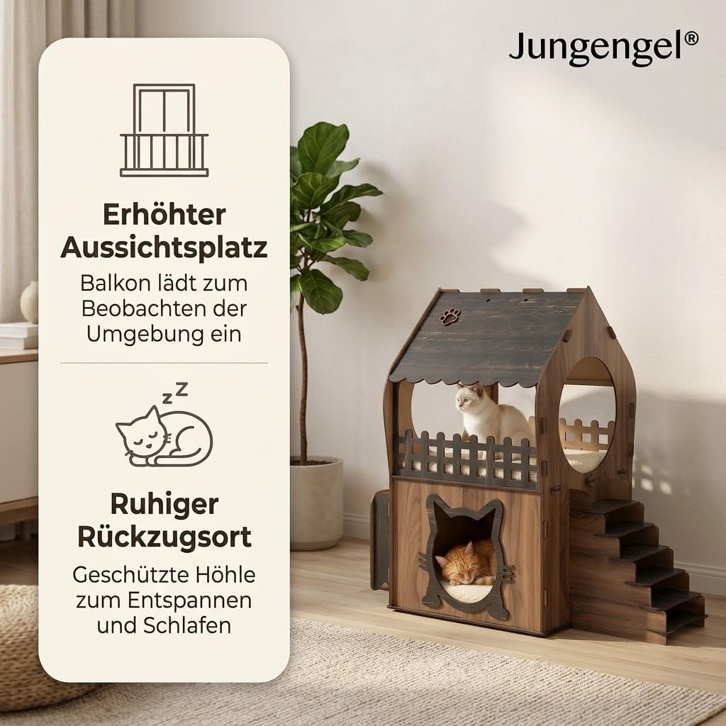 Zweistöckiges MDF Katzenhaus – Braun &amp; Dunkelbraun – Werkzeugloser Aufbau – Grössen XL, XXL, 3XL (Br