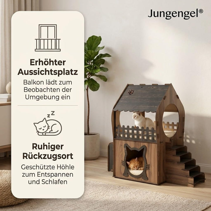 Zweistöckiges MDF Katzenhaus – Braun &amp; Dunkelbraun – Werkzeugloser Aufbau – Grössen XL, XXL, 3XL (Br