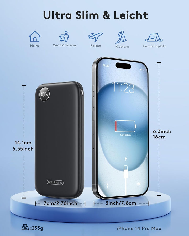 Leicht Aber Stark Externe Handyakkus, Flach 10000mAh Power Bank PD 22.5W Schnellladefunktion USB C I
