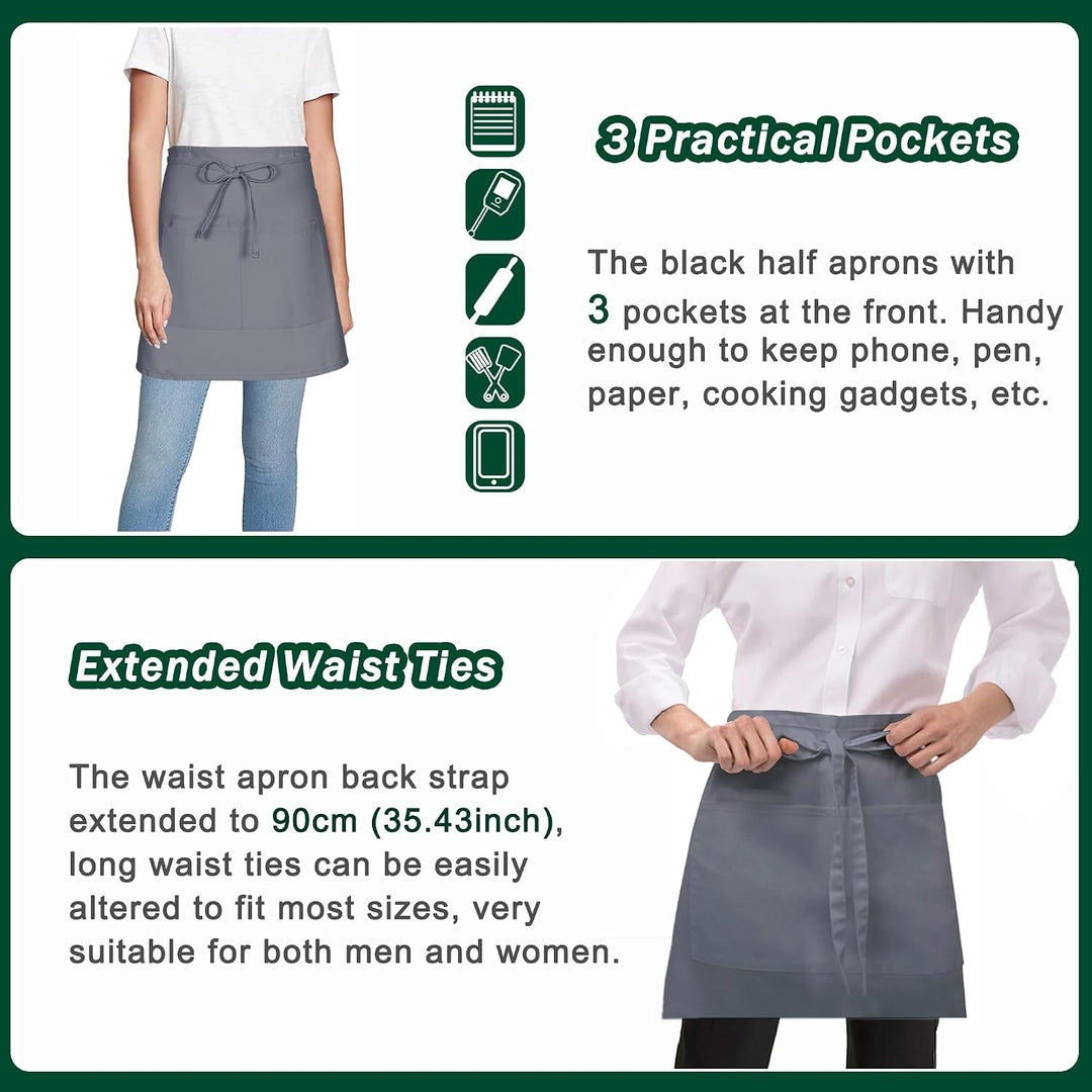 4 Stück Vorbinder Schürze, Kurz Kellner schürze mit 3 Taschen für Herren Damen Koch Küchen Grill (Po