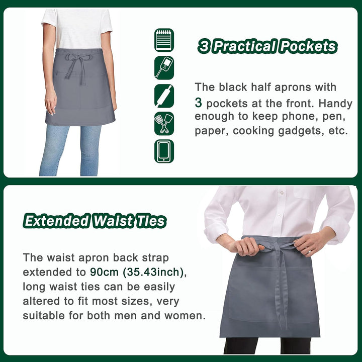 4 Stück Vorbinder Schürze, Kurz Kellner schürze mit 3 Taschen für Herren Damen Koch Küchen Grill (Po