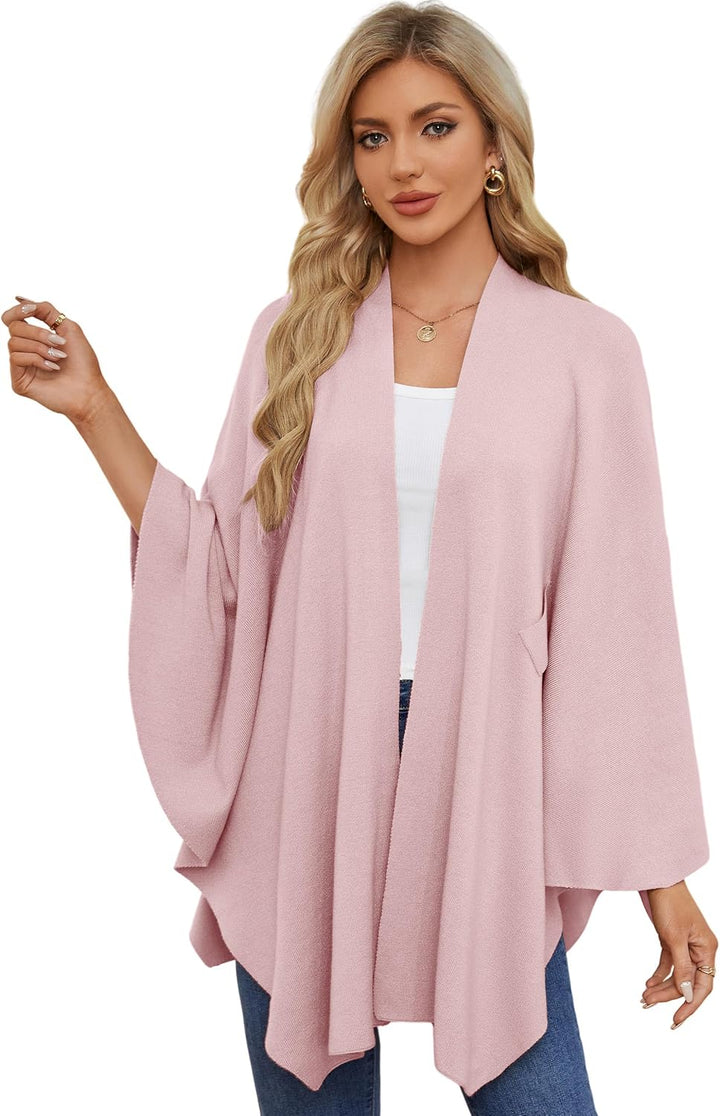 PULI Damen Elegant Poncho Strick Ponchos Capes Vorne öffnen Vielseitige Schalwickel mit Lasche Rosa,