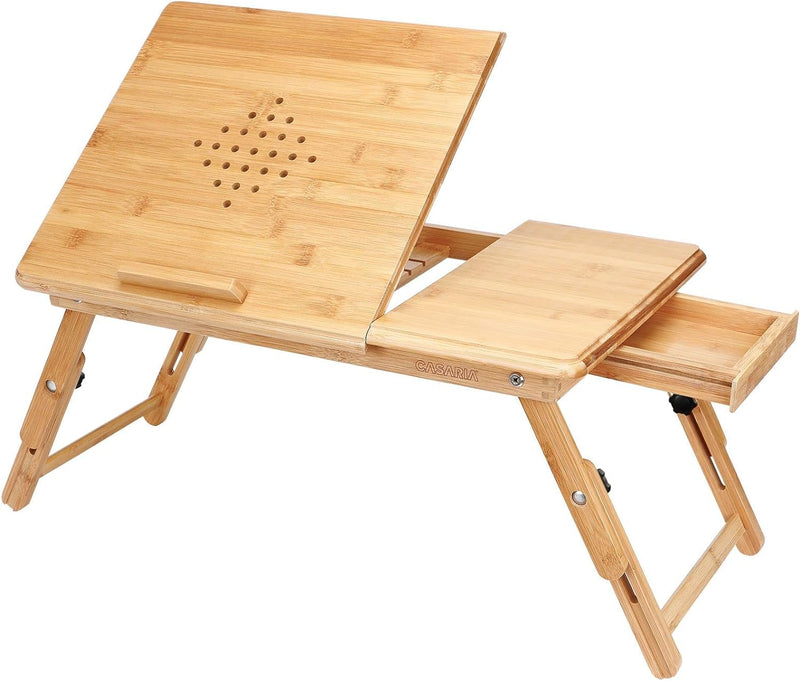 Casaria Laptoptisch Bambus Höhenverstellbar mit Schublade Belüftet Neigbar Faltbar Laptopständer Bet