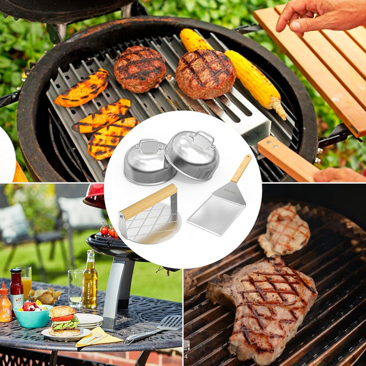 Onlyfire Edelstahl Grillbesteck Set, 4-Teilig Grillkoffer Set mit Runder Burgerpresse, Grillspachtel