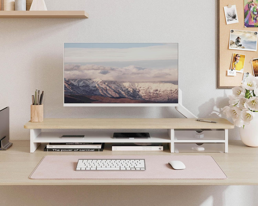 Fenge Dual Monitorständer Riser mit 2 Acryl Schubladen 108cm Grosse Computer Bildschirmständer für P