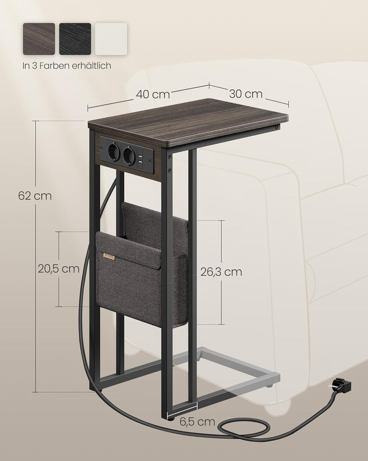VASAGLE Beistelltisch, Sofatisch mit Ladestation, C Form, Couchtisch klein, Stofftasche, verstellbar