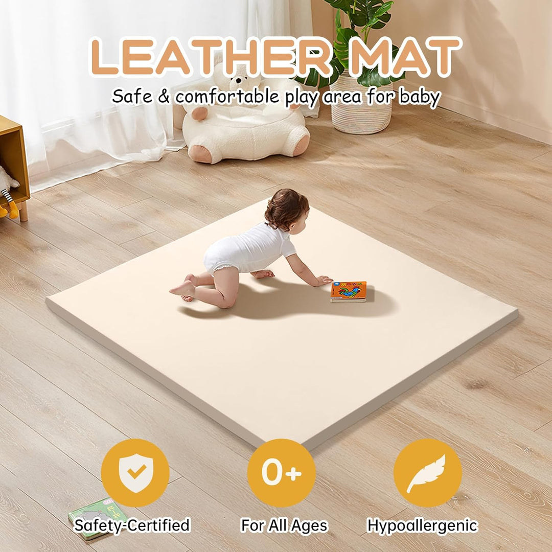 Leder Krabbelmatte Baby 125x125x3cm Beige: Extra Dicke Spielmatte für Baby & Kinder - Weich & Wasser