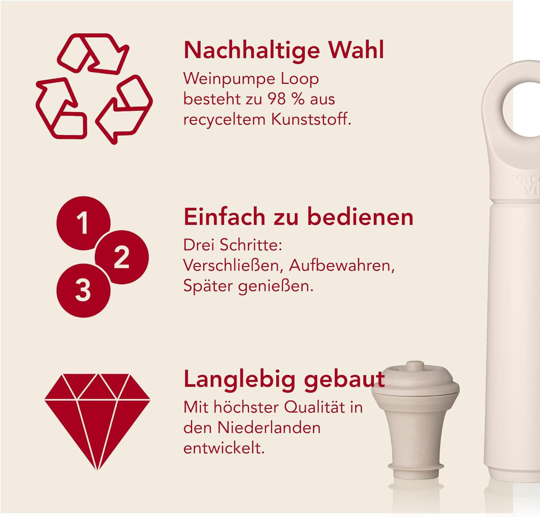 Vacu Vin Weinpumpe Loop - Vakuum Weinflaschenverschluss - 1 Pumpe 1 Stopper aus 98% Recyceltem Mater