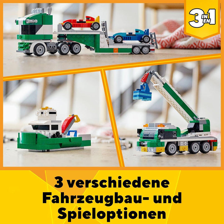 LEGO 31113 Creator 3-In-1 Rennwagentransporter Spielzeug LKW mit Anhänger, Kran und Boot, Rennwagen