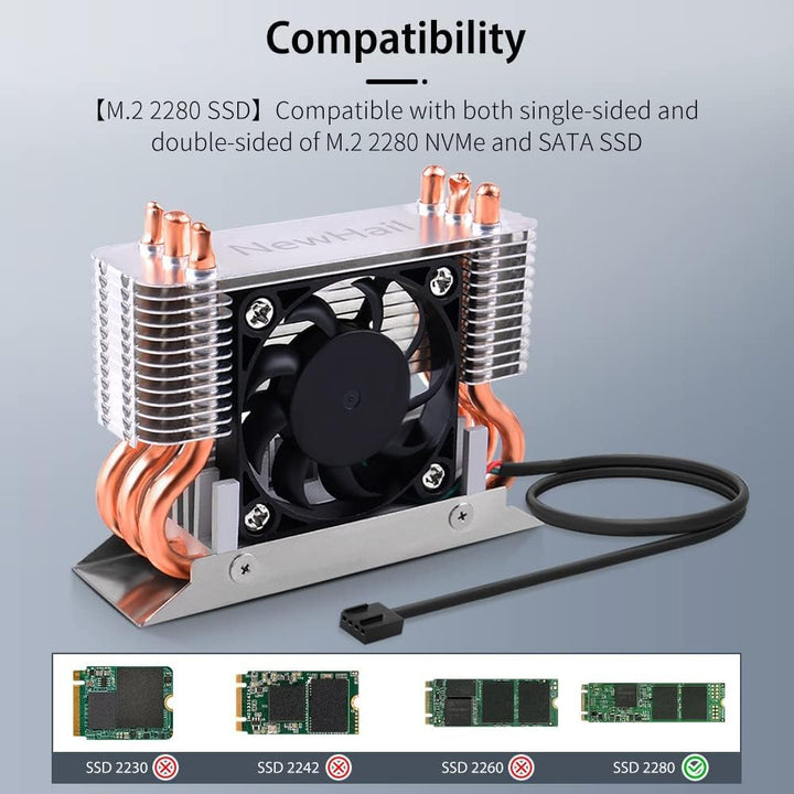 NewHail M.2 2280 SSD Kühler Kühlkörper mit 40mm PWM Lüfter, Kupfer Heat Pipes und Thermal Pad, SSD K